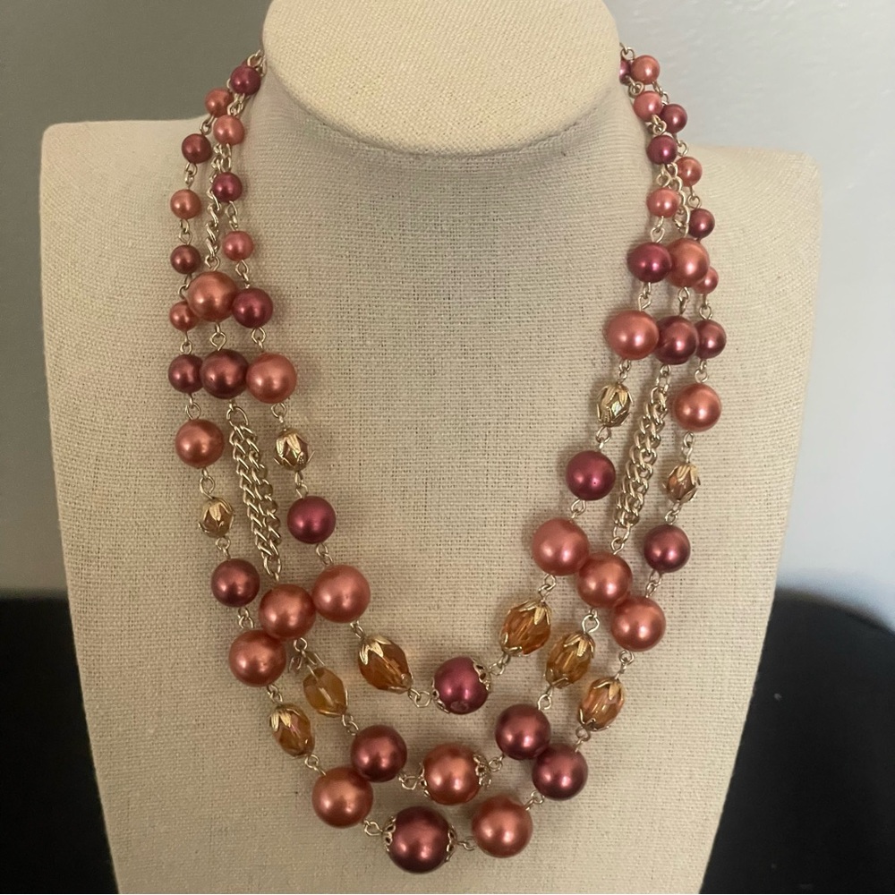 Elegant Triple Strand Shades of Pink Faux Pearl Necklace
